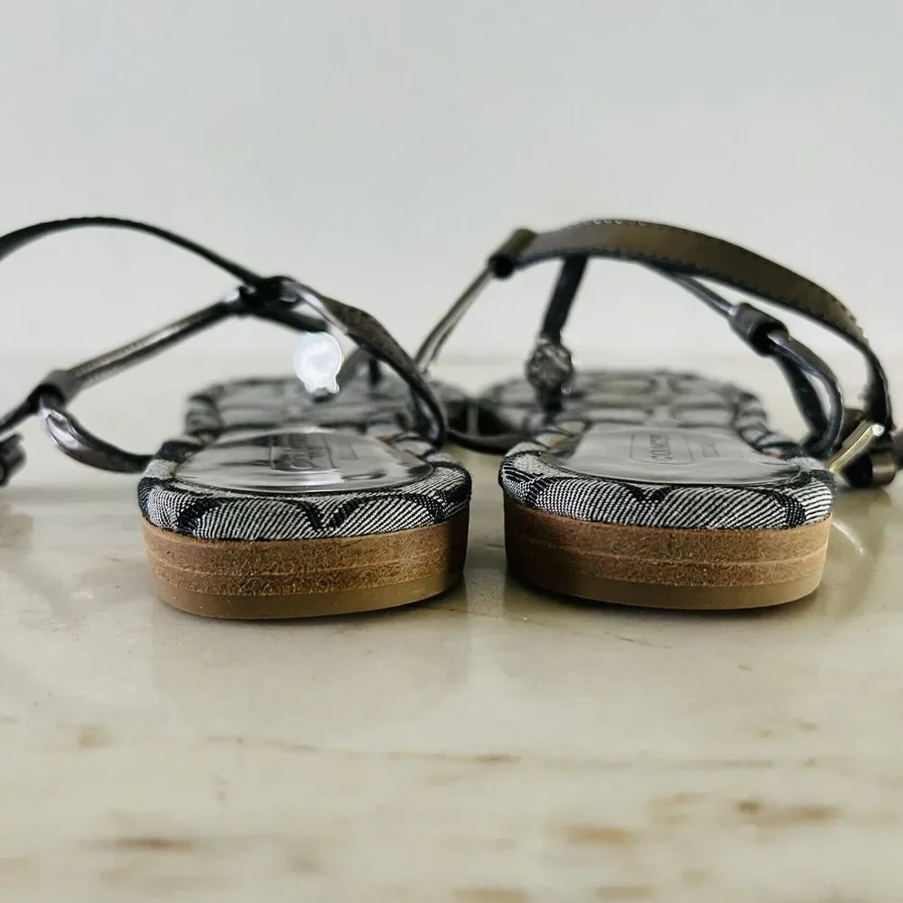 COACH Shirley Gray Black Canvas Logo Print Thong Sandal Silver Accent - US 7.5